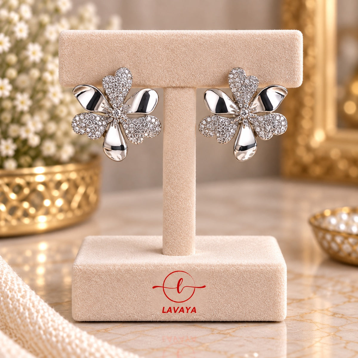 Lavaya Silver Blooming Floral Statement Stud Earrings with Pavé Crystal Petals