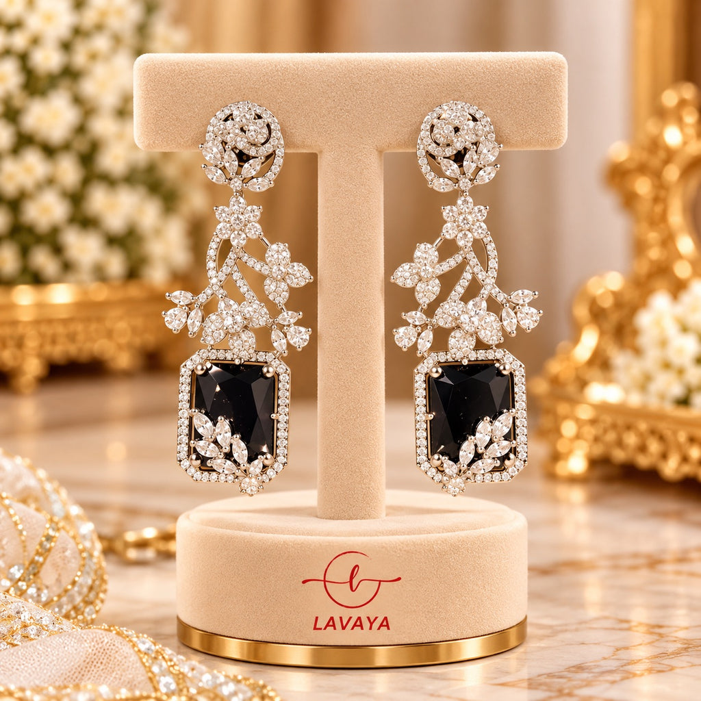 Lavaya Luxury Black Onyx Crystal Floral Drop Earrings for Women – Premium Designer Statement Earrings for Wedding & Party Wear