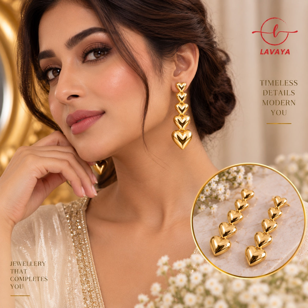 Lavaya Cascading Puffy Heart Tiered Gold Statement Drop Earrings