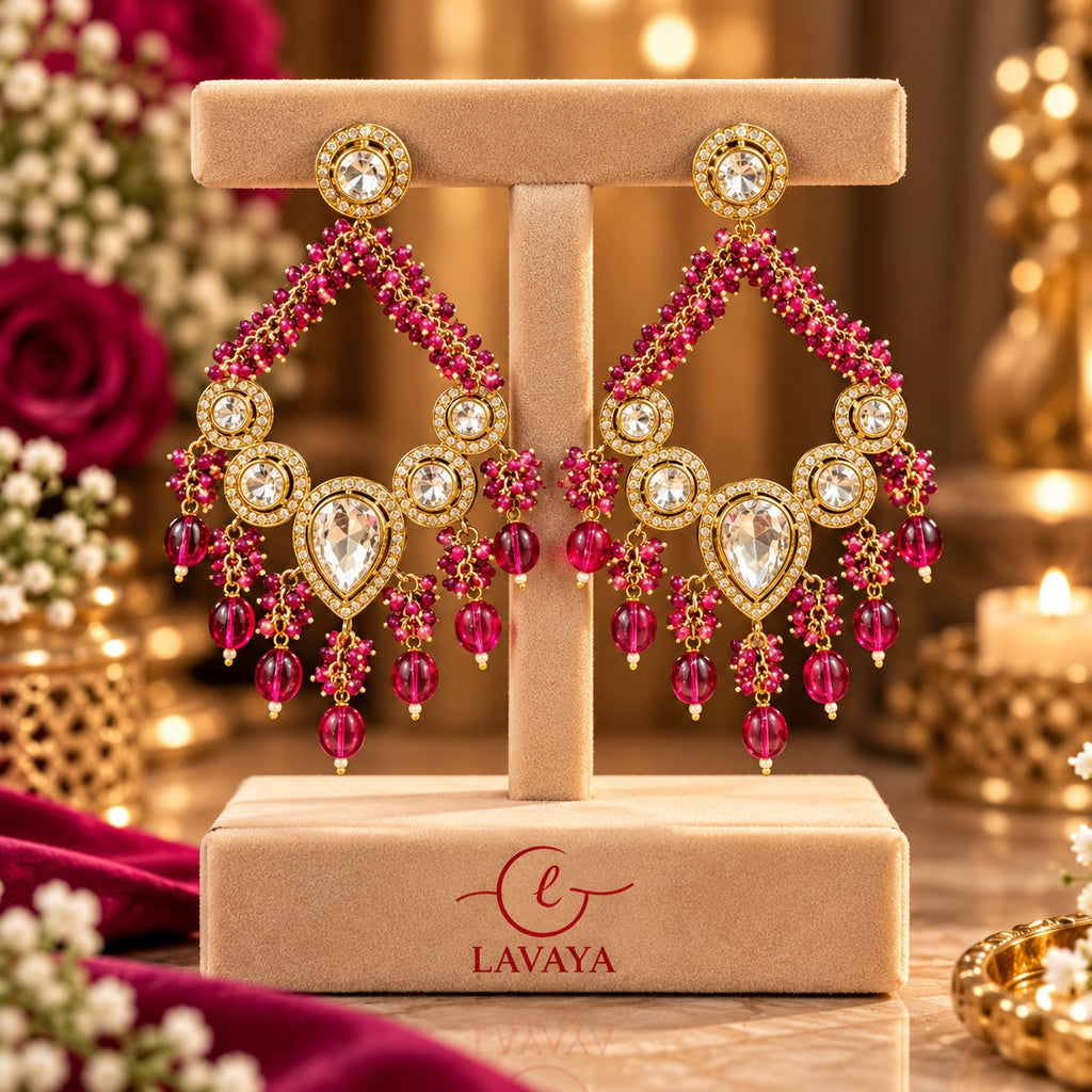 Lavaya Royal Ruby Pink Kundan Statement Earrings with Crystal & Bead Drops