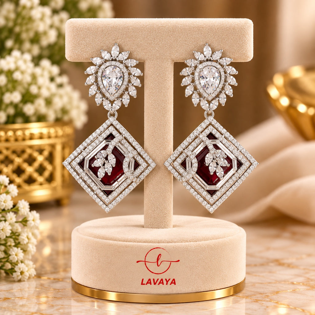 Lavaya Luxury Ruby Red Geometric Crystal Drop Earrings for Women – Premium Designer Statement Earrings for Wedding & Party Wear