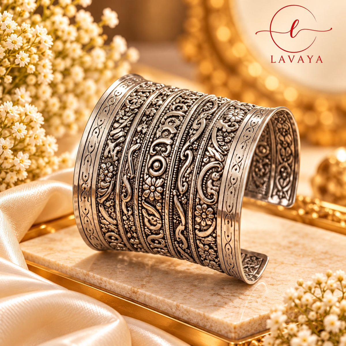 Lavaya Royal Heritage Oxidised Silver Floral Carved Wide Cuff Kada Bracelet – Traditional Antique Statement Jewellery