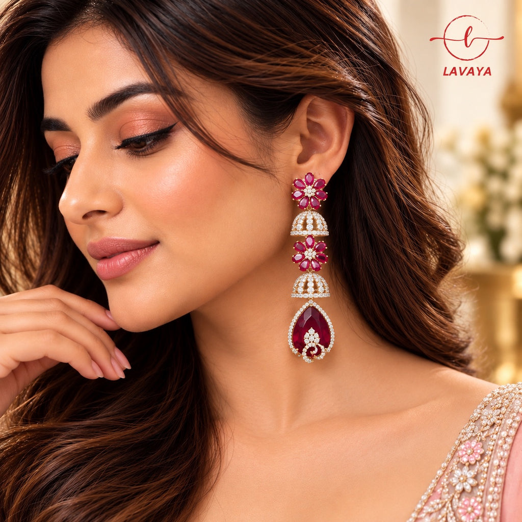 Lavaya Luxury Ruby Pink Floral Jhumka Drop Earrings for Women – Premium Crystal Studded Designer Long Dangle Wedding & Party Wear Jewellery