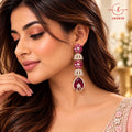 Lavaya Luxury Ruby Pink Floral Jhumka Drop Earrings for Women – Premium Crystal Studded Designer Long Dangle Wedding & Party Wear Jewellery