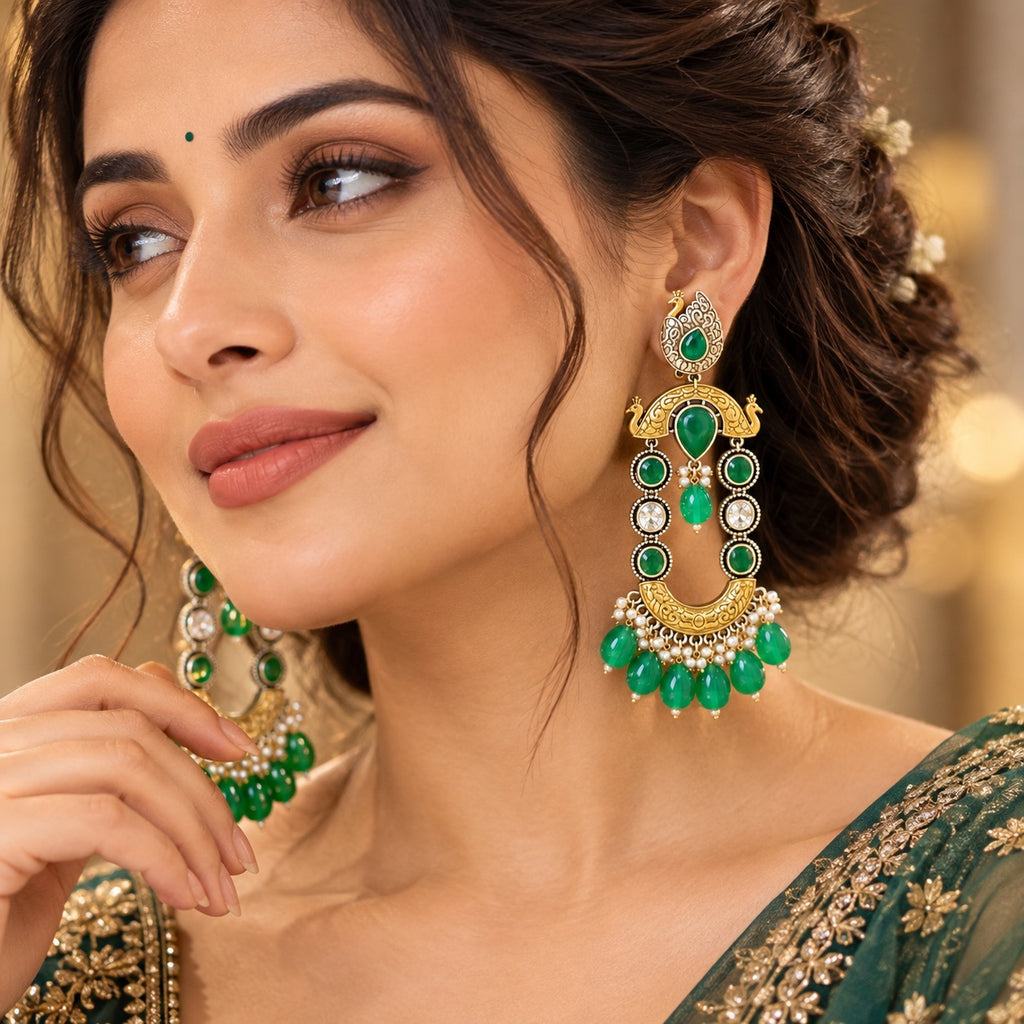 Lavaya Royal Emerald Green Peacock Chandbali Earrings with Pearl & Green Bead Drops