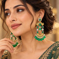 Lavaya Royal Emerald Green Peacock Chandbali Earrings with Pearl & Green Bead Drops