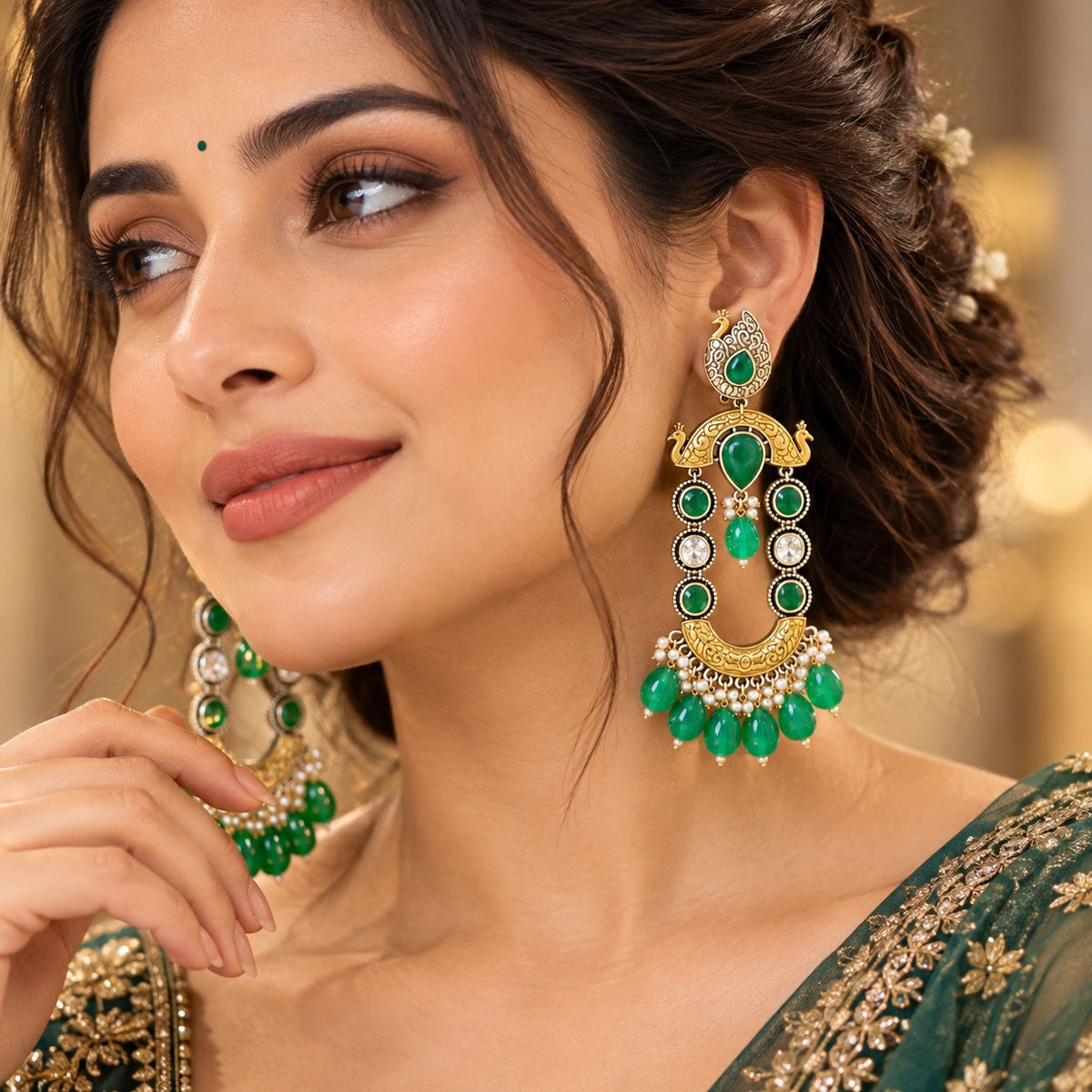Lavaya Royal Emerald Green Peacock Chandbali Earrings with Pearl & Green Bead Drops