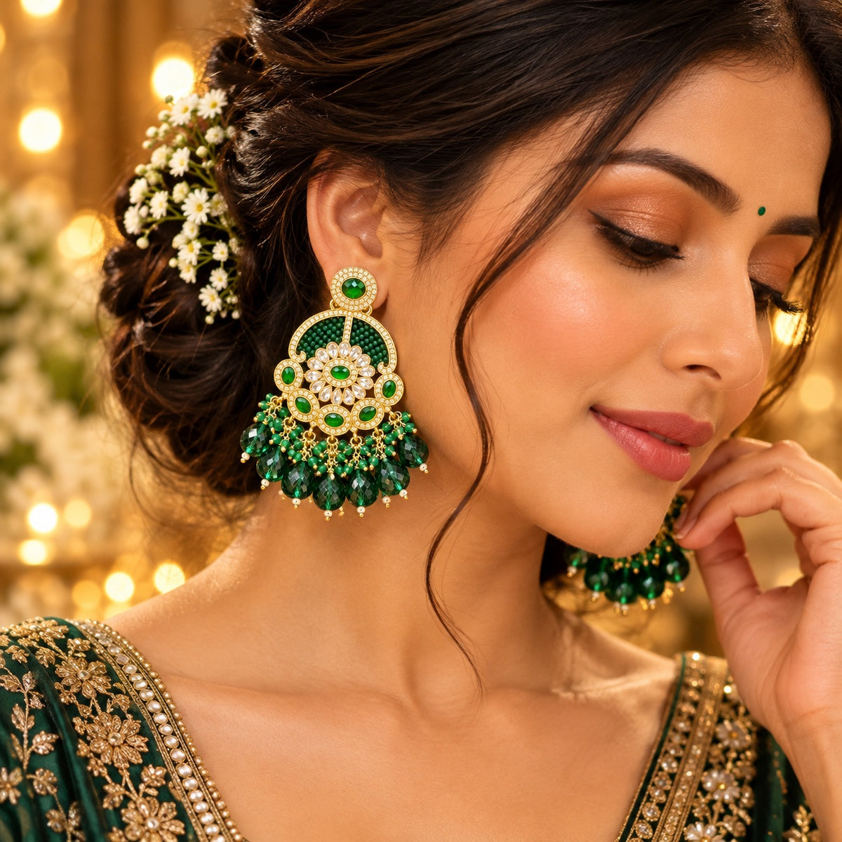 Lavaya Royal Emerald Green Floral Kundan Chandbali Earrings with Crystal Bead Drops