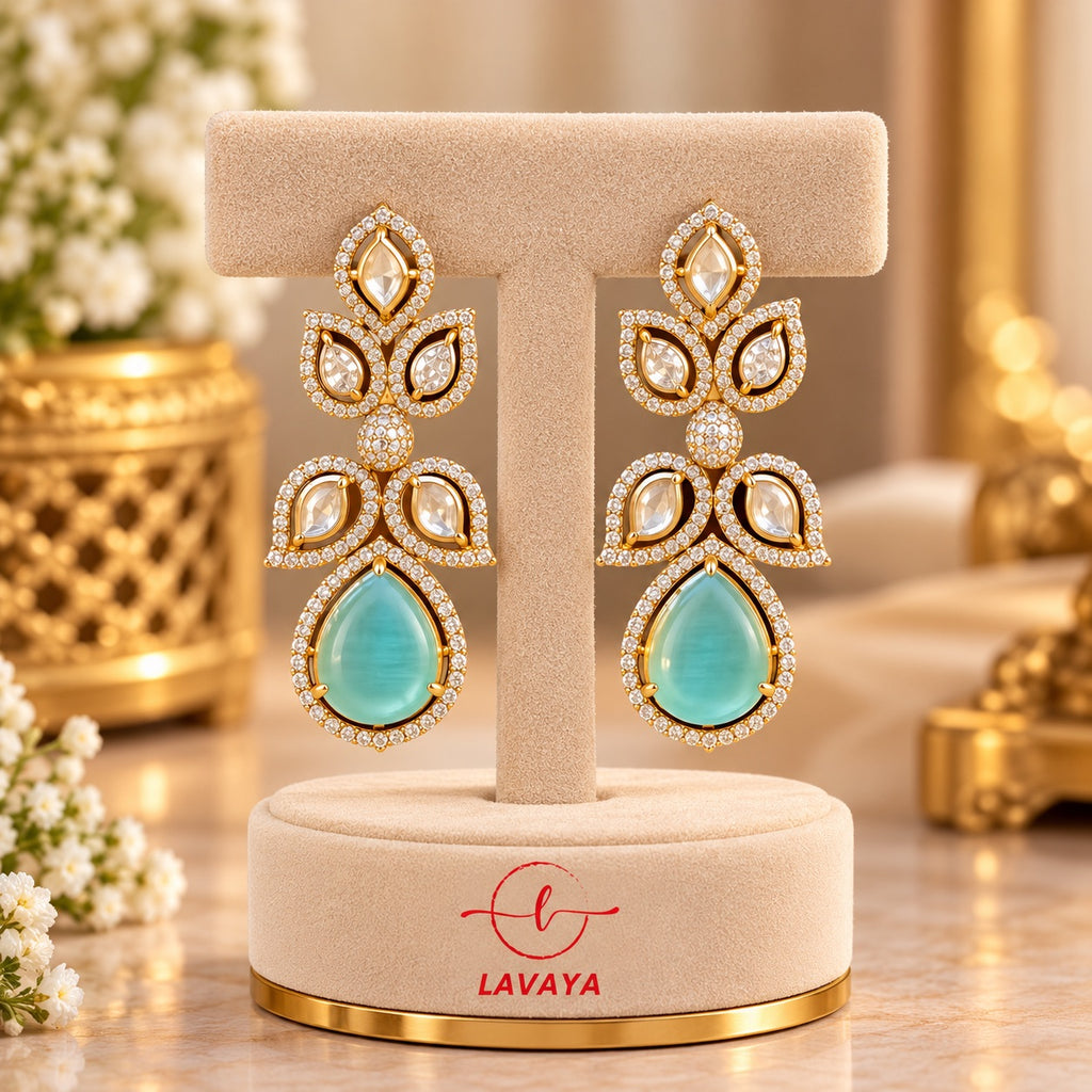 Lavaya Luxury Mint Green Teardrop Kundan Earrings for Women – Premium Gold-Tone Crystal Studded Designer Wedding & Party Wear Jewellery