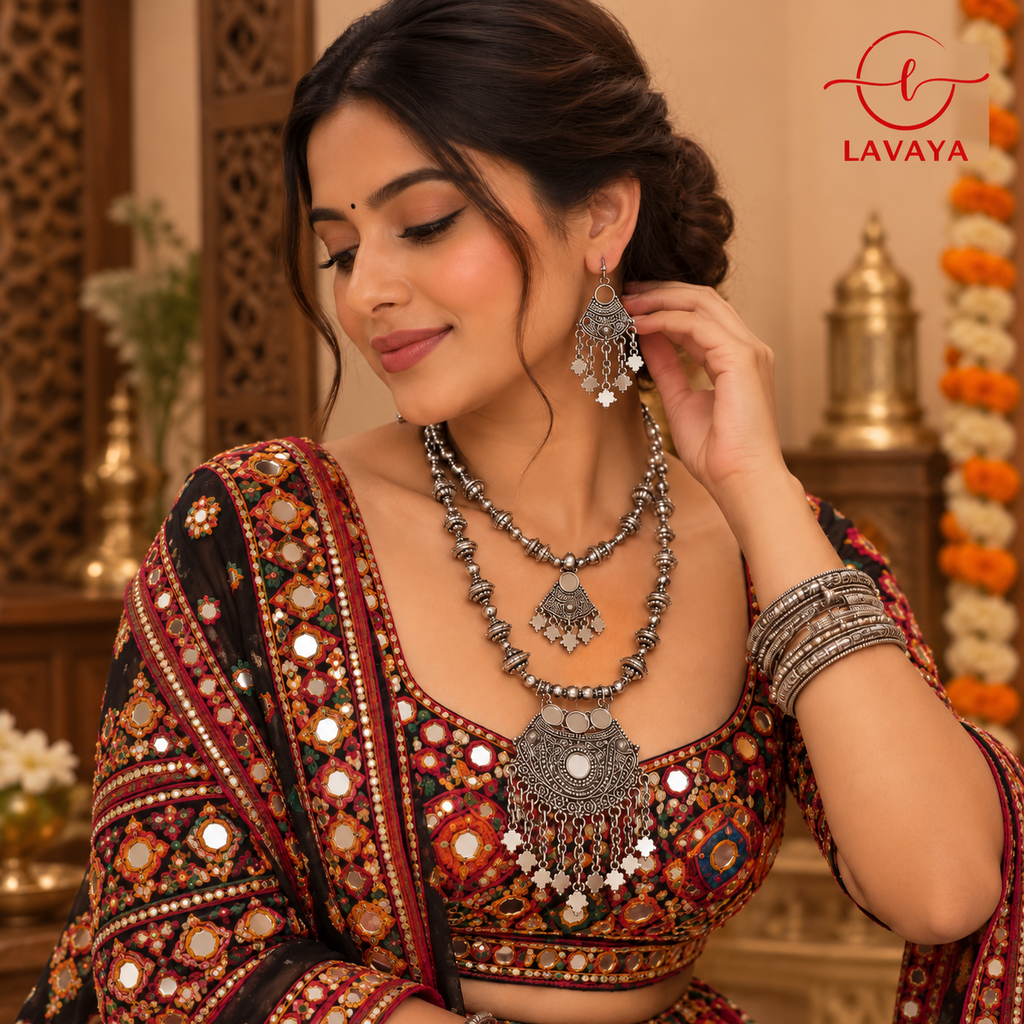 Lavaya Afghan Mirror-Work Double-Layer Rani Haar with Chandelier Tassels & Matching Drop Earrings