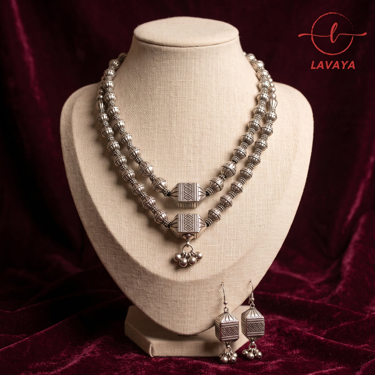 Lavaya The Mandap Heritage Double-Strand Oxidized Silver Haar with Geometric Amulet Pendant & Matching Earrings