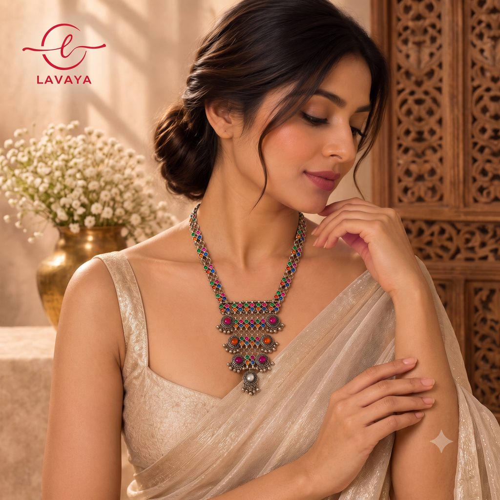 Lavaya The Rang Mahal: Handcrafted Multi-Color Stone Inlaid Oxidized Silver Chandelier Bib Necklace