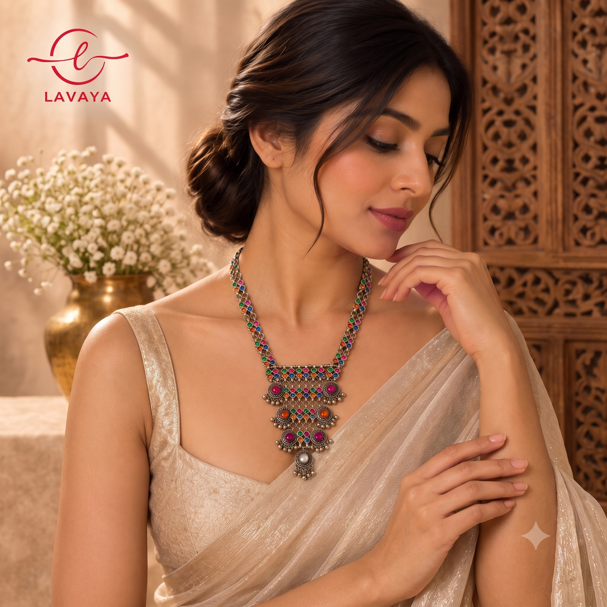Lavaya The Rang Mahal: Handcrafted Multi-Color Stone Inlaid Oxidized Silver Chandelier Bib Necklace