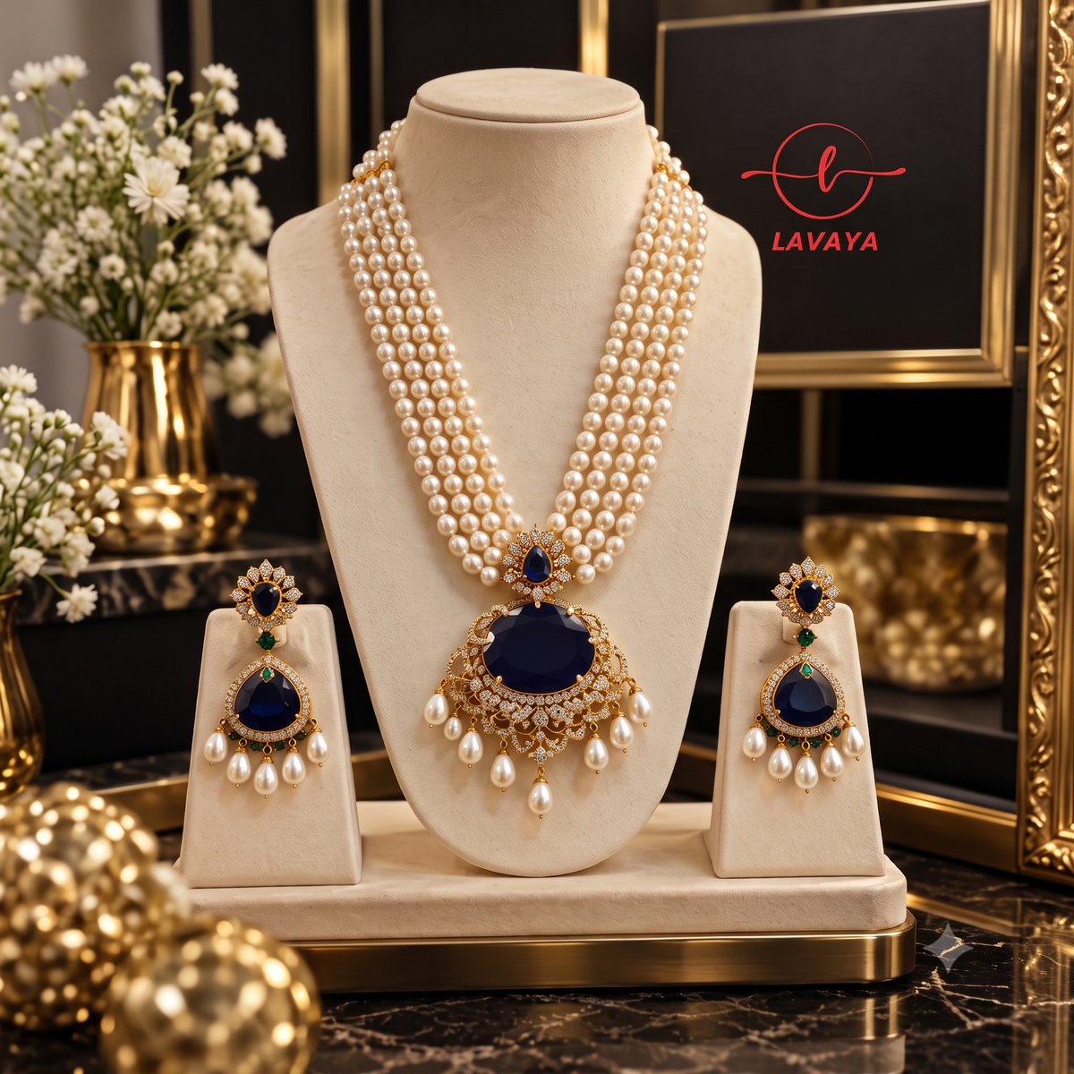 he Royal Blue Heritage Multi-Layer Pearl Necklace & Earring Set