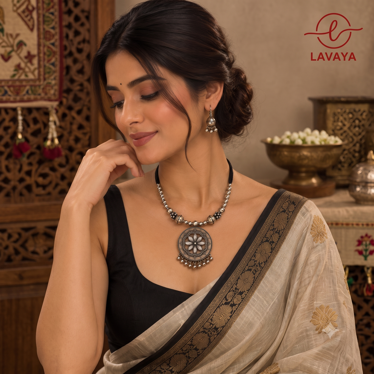 Lavaya The Kamal Mandala: Handcrafted Oxidized Silver Floral Medallion Necklace Set with Black Dori & Dome Drop Earrings