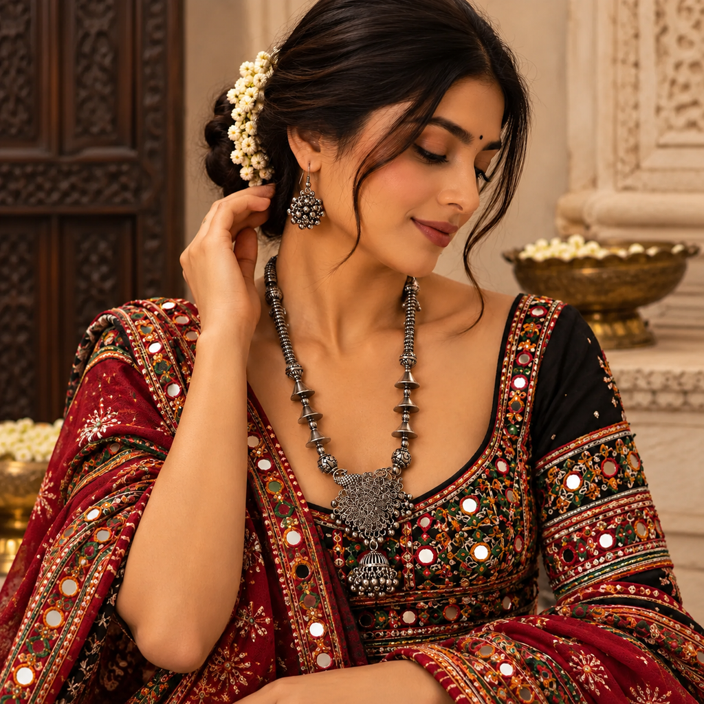 Lavaya Noor-e-Kutch Handcrafted Three-Tier Mirror Rani Haar with Chandelier Earrings