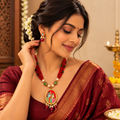 Royal Red Meenakari Floral Hand Painted Reversible & Customizable Pendant Multi-Strand Necklace Set with Green Beads & Matching Earrings