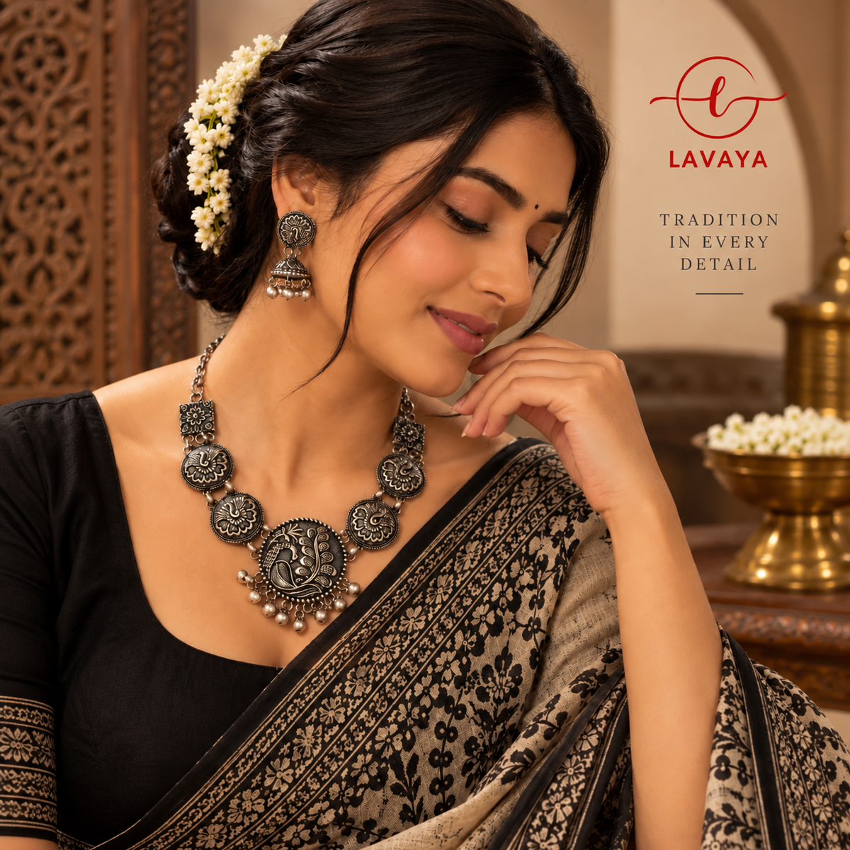 Lavaya Antique Oxidized Silver Peacock Necklace Set with Matching Jhumkas