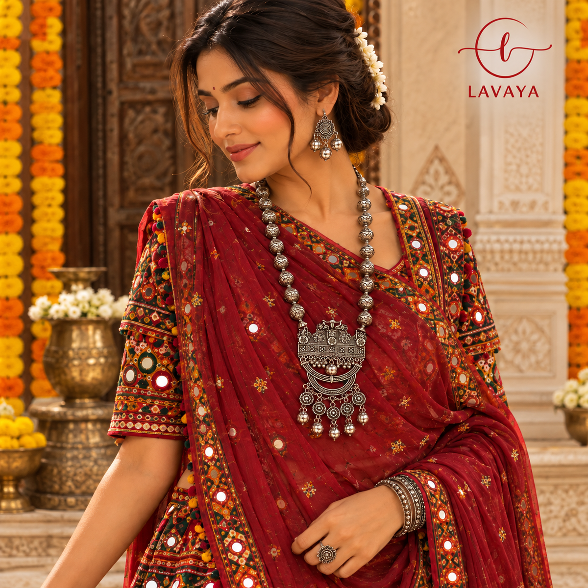Lavaya Grand Kathiawadi Tribal Oxidized Silver Rani Haar with Ornate Arch Medallion & Chandelier Earrings