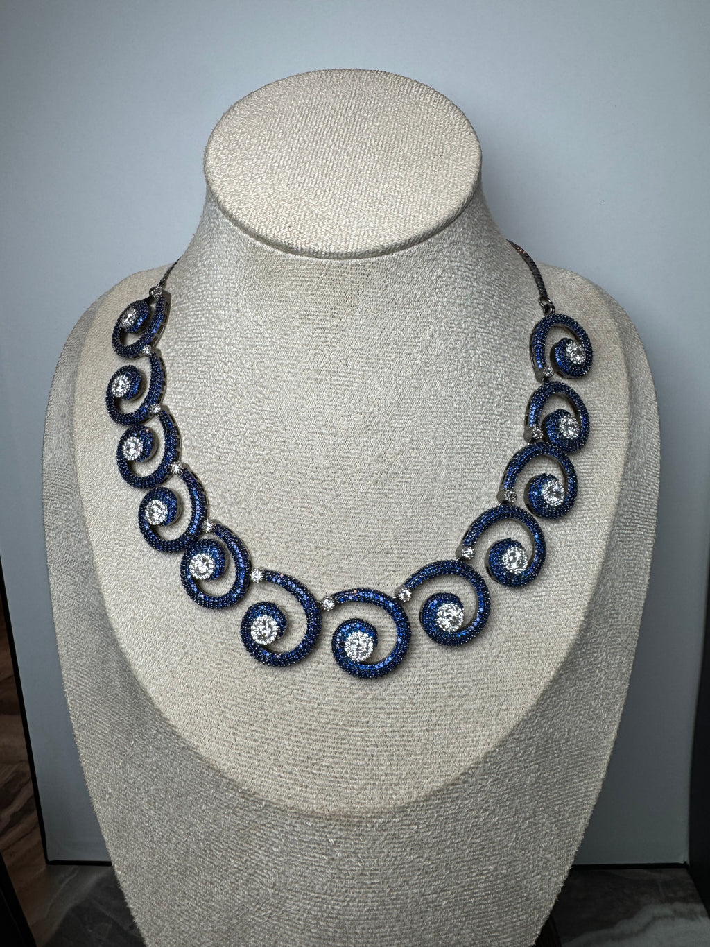 Lavaya The Neel Charkha: Royal Sapphire Blue Pavé & Solitaire Diamond Swirl Collar Necklace Set with Matching Drop Earrings