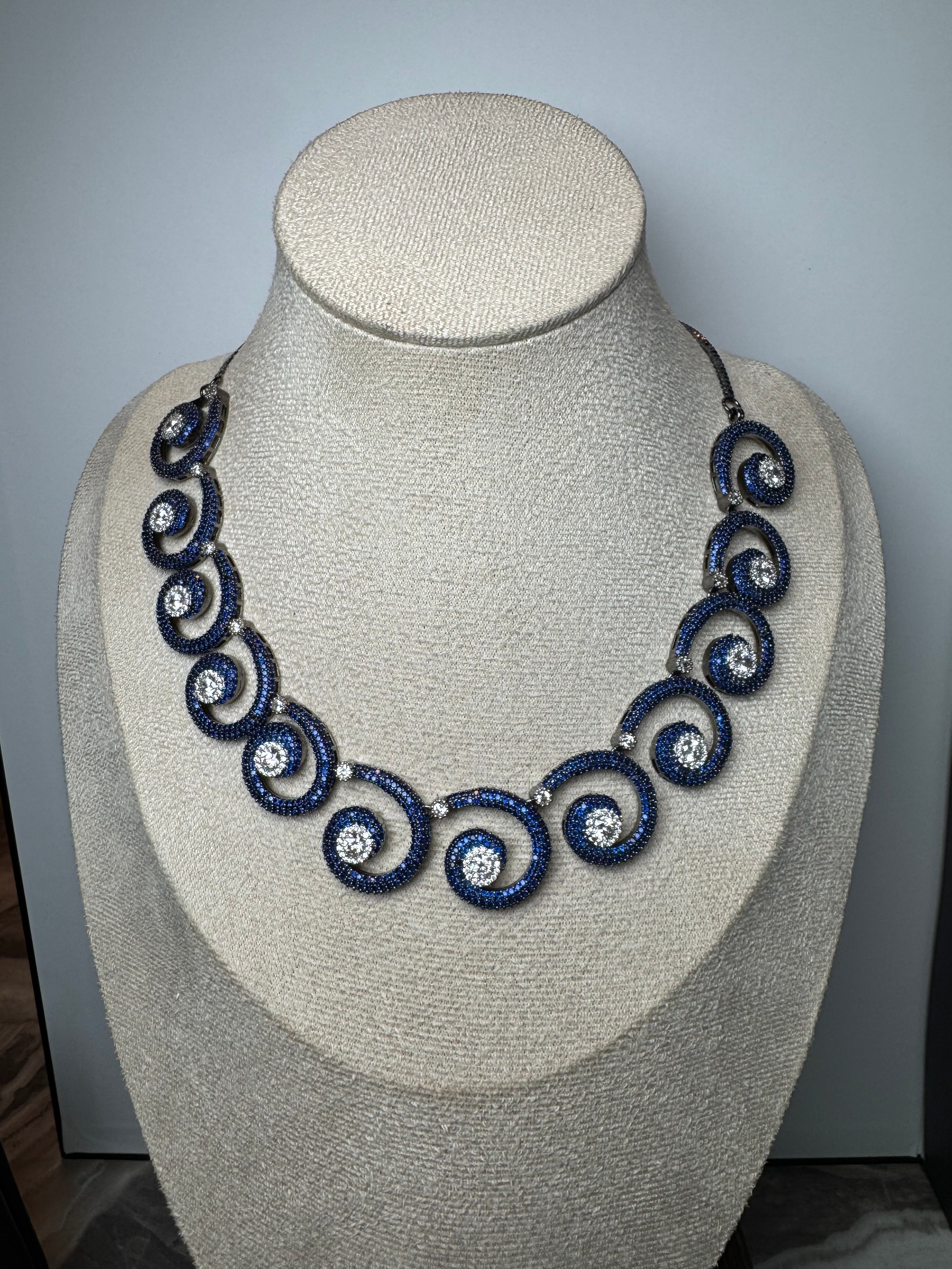 Lavaya The Neel Charkha: Royal Sapphire Blue Pavé & Solitaire Diamond Swirl Collar Necklace Set with Matching Drop Earrings