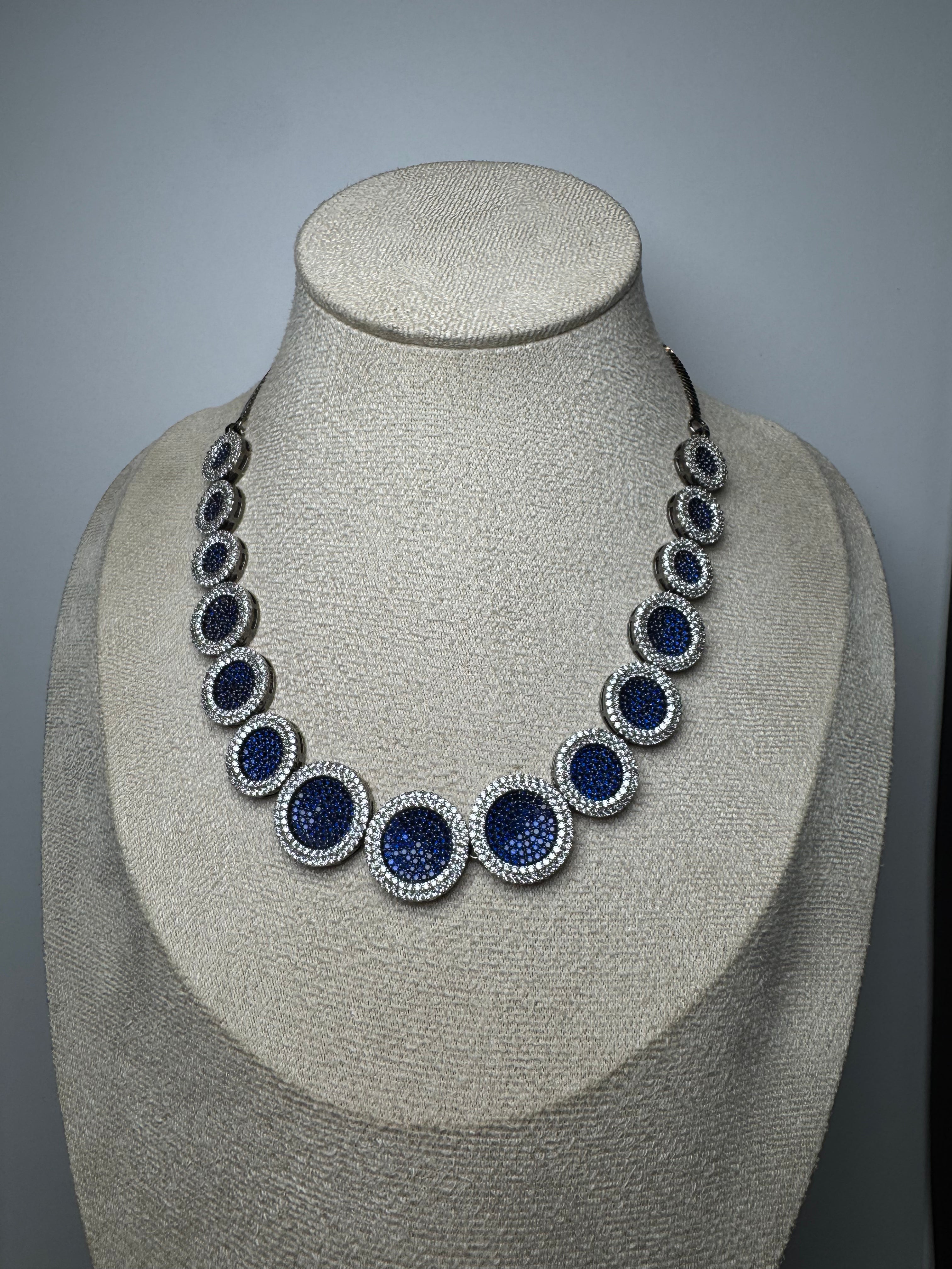 Lavaya The Nila Galaxy: Royal Sapphire Blue Micro-Pavé Disc Collar Necklace Set with Triple-Drop Earrings