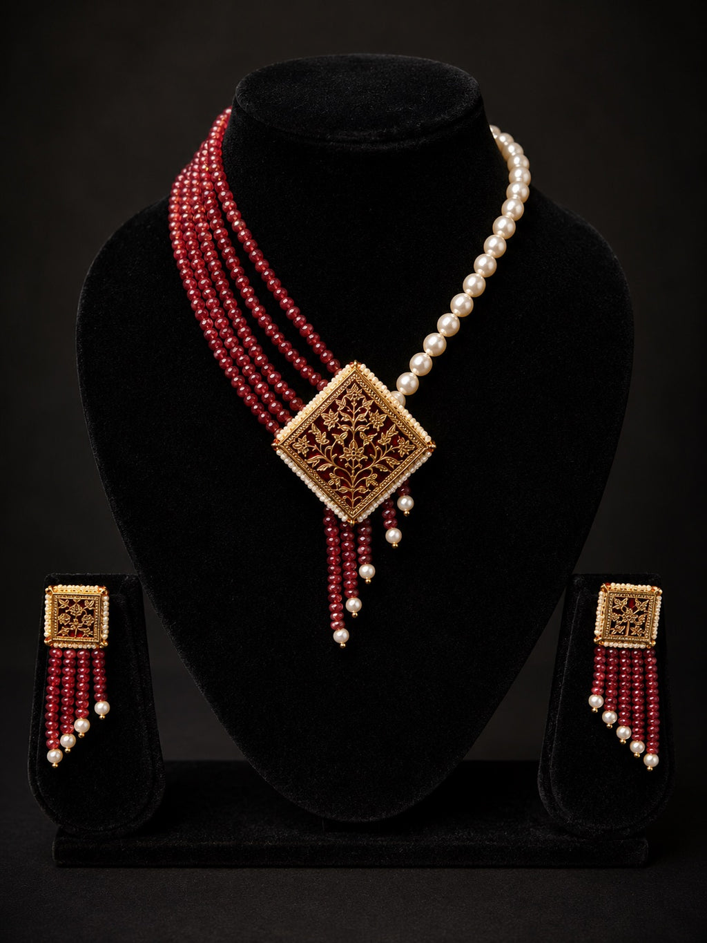 Lavaya Royal Maroon Pearl & Gold Floral Pendant Necklace Set