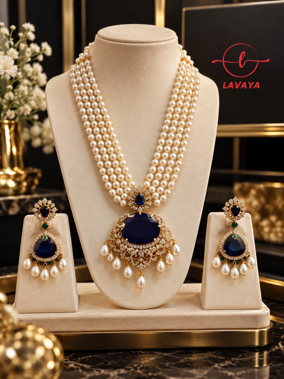 Lavaya Royal Midnight Blue Pearl Layered Necklace Set with Statement Kundan Pendant & Matching Drop Earrings
