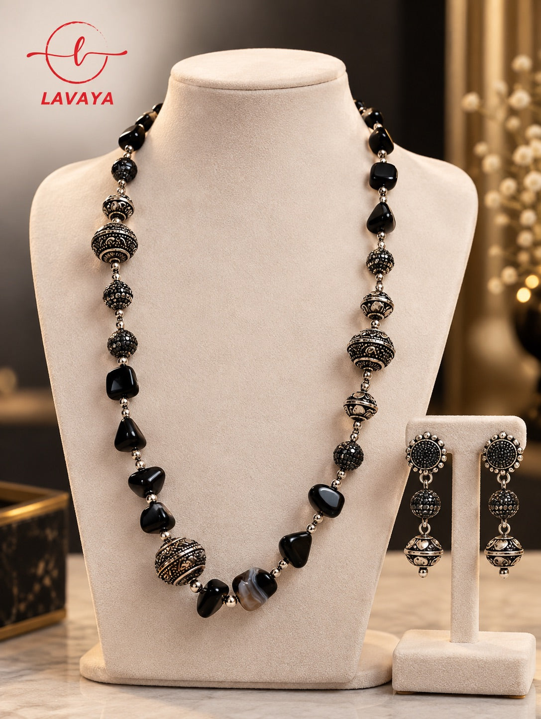 Lavaya Royal Black Onyx Beaded Necklace Set with Oxidized Silver-Tone Designer Beads & Matching Traditional Drop Earrings