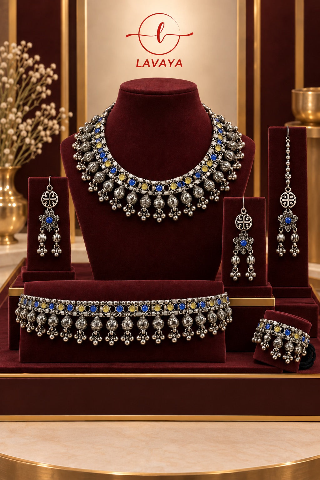 LAVAYA Traditional Oxidized Silver Jewellery Set with Blue & Yellow Stone Accents