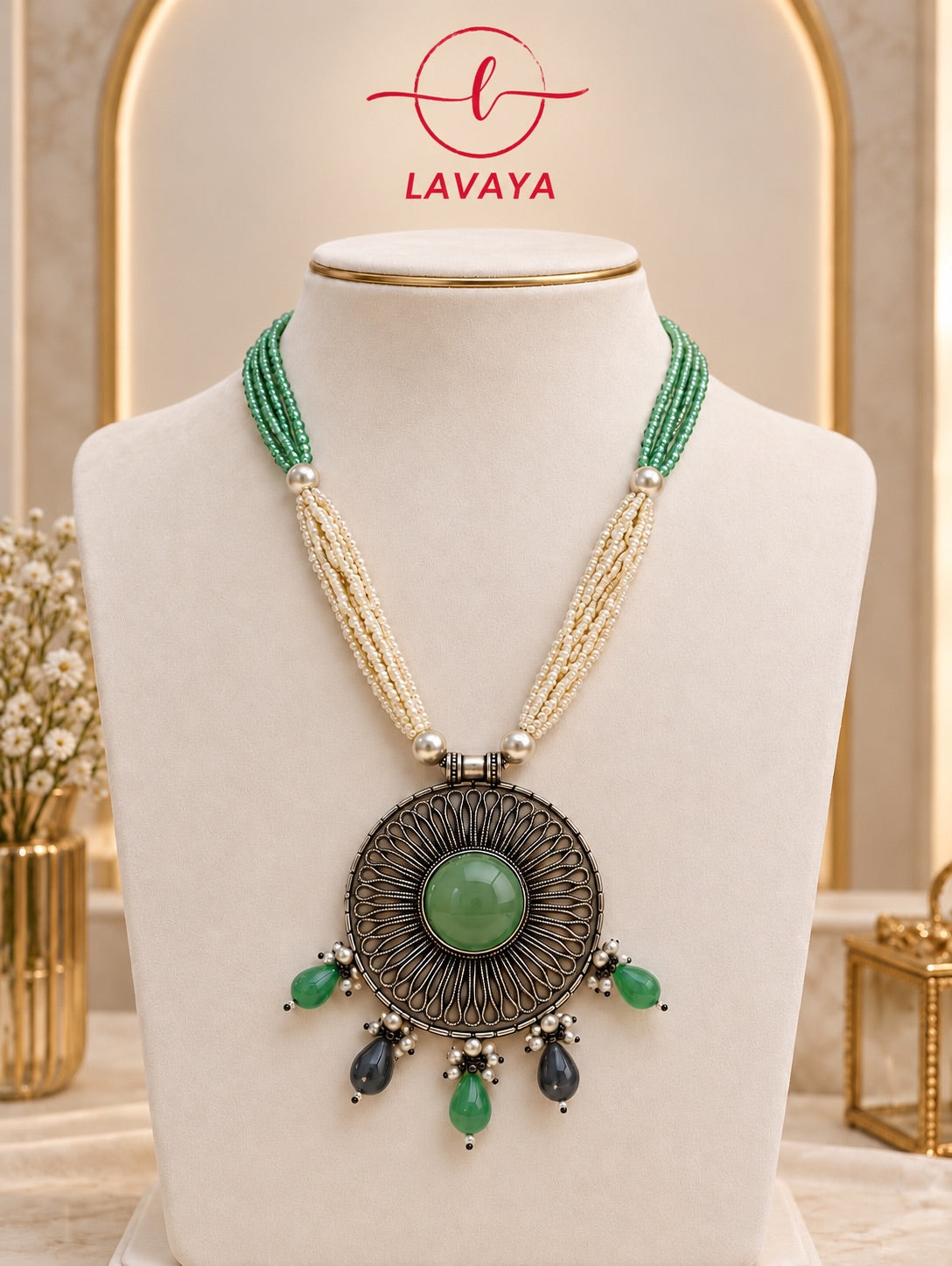 Lavaya Royal Turquoise Blue Stone Oxidised Silver Pendant & Pearl Beaded Layered Necklace
