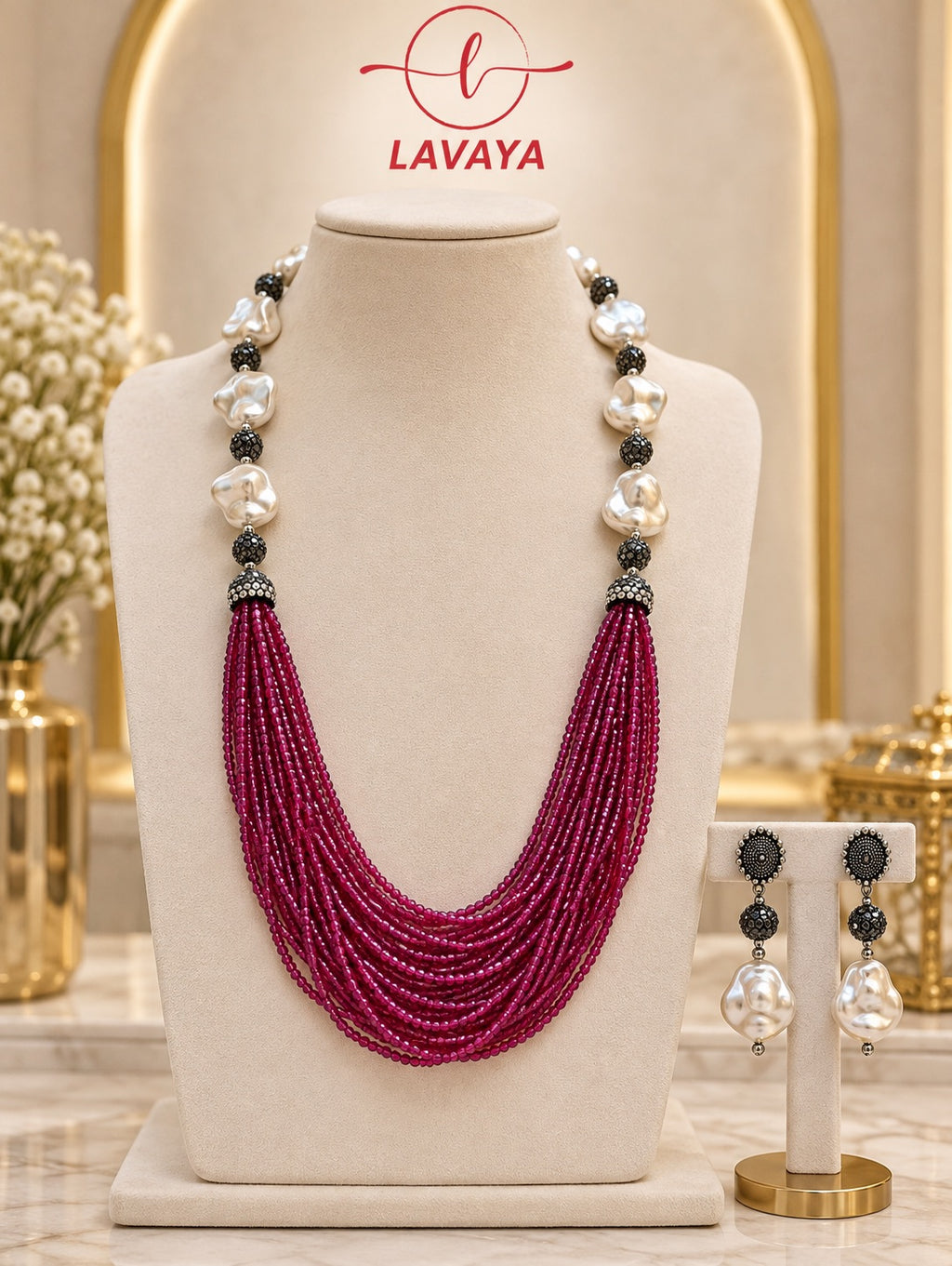 Lavaya Royal Ruby Pink Multi-Layer Beaded Necklace Set with Baroque Pearl Accents & Matching Oxidized Silver Drop Earrings
