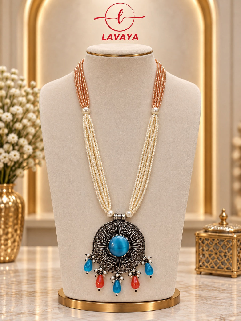 Lavaya Royal Turquoise Blue Stone Oxidised Silver Pendant & Pearl Beaded Layered Necklace