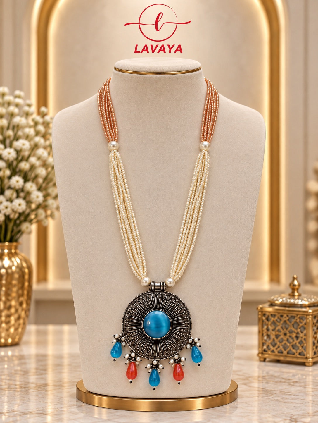 Lavaya Royal Turquoise Blue Stone Oxidised Silver Pendant & Pearl Beaded Layered Necklace