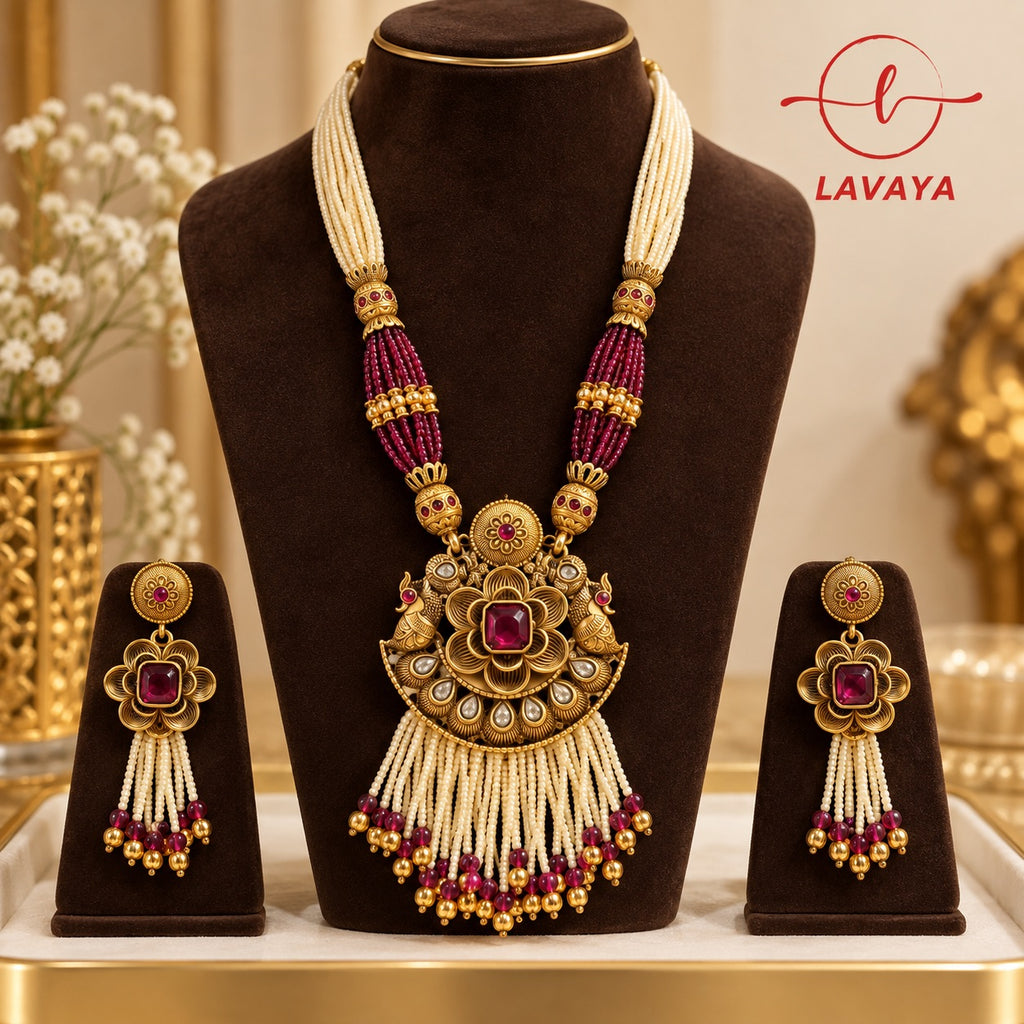 Lavaya Royal Ruby Floral Kundan Necklace Set with Multi-Layer Pearl Beads & Matching Tassel Earrings