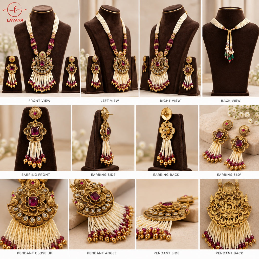 Lavaya Royal Ruby Floral Kundan Necklace Set with Multi-Layer Pearl Beads & Matching Tassel Earrings
