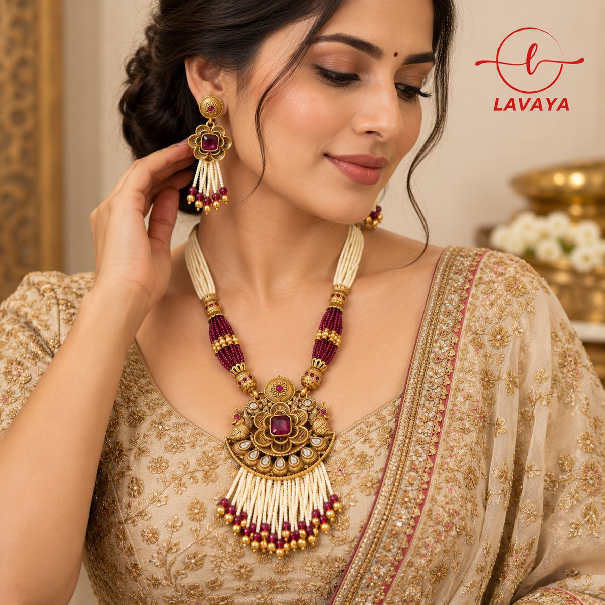Lavaya Royal Ruby Floral Kundan Necklace Set with Multi-Layer Pearl Beads & Matching Tassel Earrings