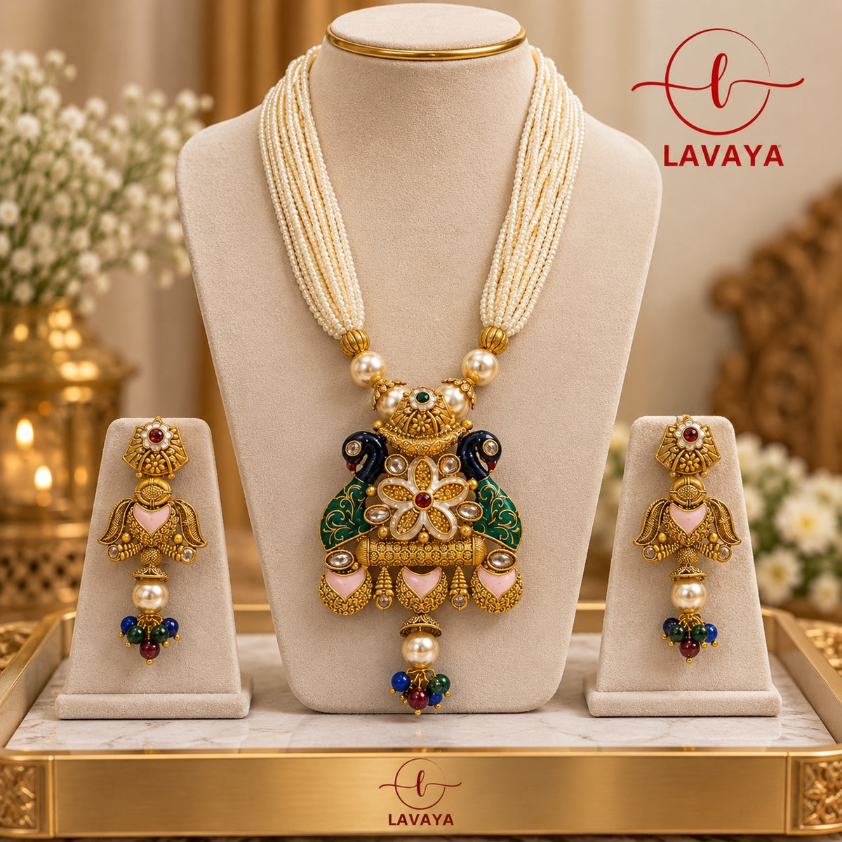Lavaya Royal Heritage Peacock Kundan Pendant Necklace Set with Multi-Layer Pearls & Traditional Jhumka Earrings