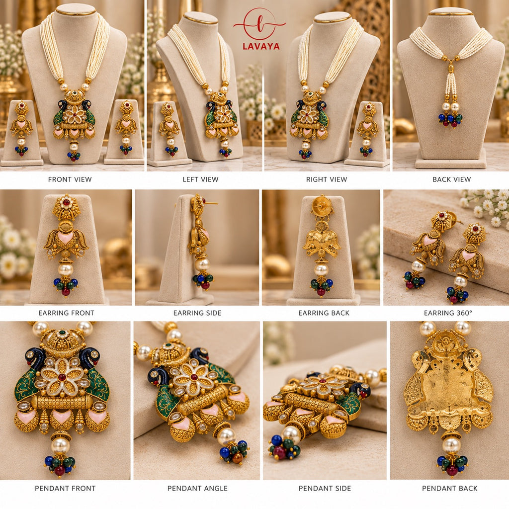 Lavaya Royal Heritage Peacock Kundan Pendant Necklace Set with Multi-Layer Pearls & Traditional Jhumka Earrings