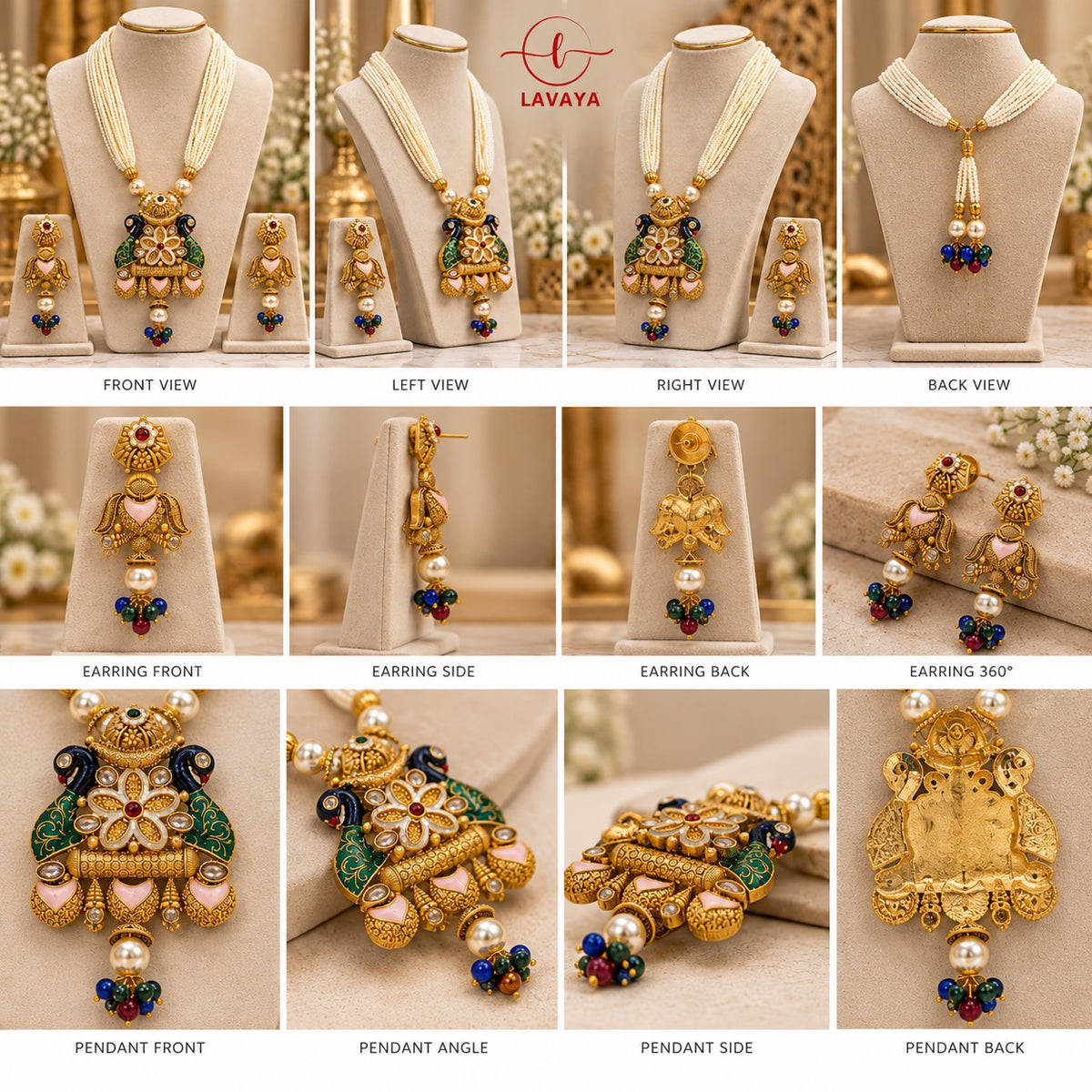 Lavaya Royal Heritage Peacock Kundan Pendant Necklace Set with Multi-Layer Pearls & Traditional Jhumka Earrings