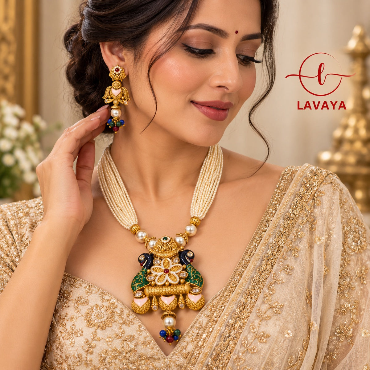 Lavaya Royal Heritage Peacock Kundan Pendant Necklace Set with Multi-Layer Pearls & Traditional Jhumka Earrings