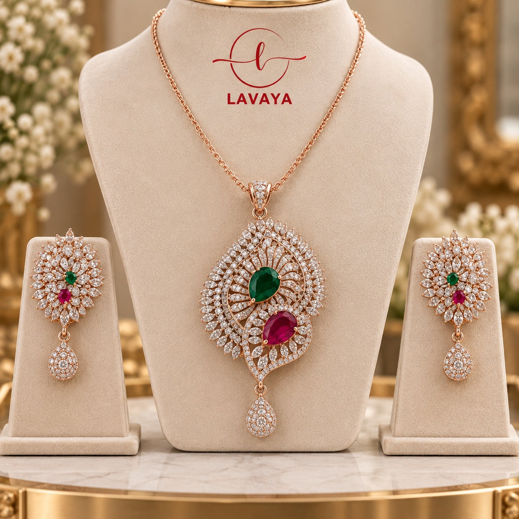 Lavaya Royal Emerald Green & Ruby Pink Crystal Peacock-Inspired Pendant Necklace with Matching Drop Earrings Jewellery Set