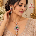 Lavaya Royal Emerald Green & Ruby Pink Crystal Peacock-Inspired Pendant Necklace with Matching Drop Earrings Jewellery Set