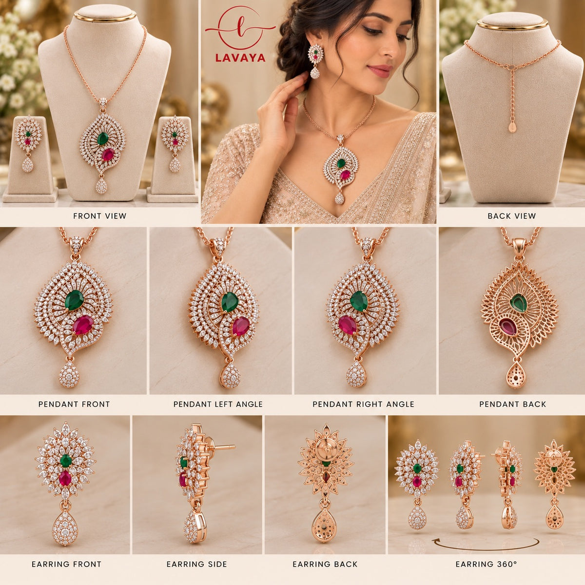 Lavaya Royal Emerald Green & Ruby Pink Crystal Peacock-Inspired Pendant Necklace with Matching Drop Earrings Jewellery Set