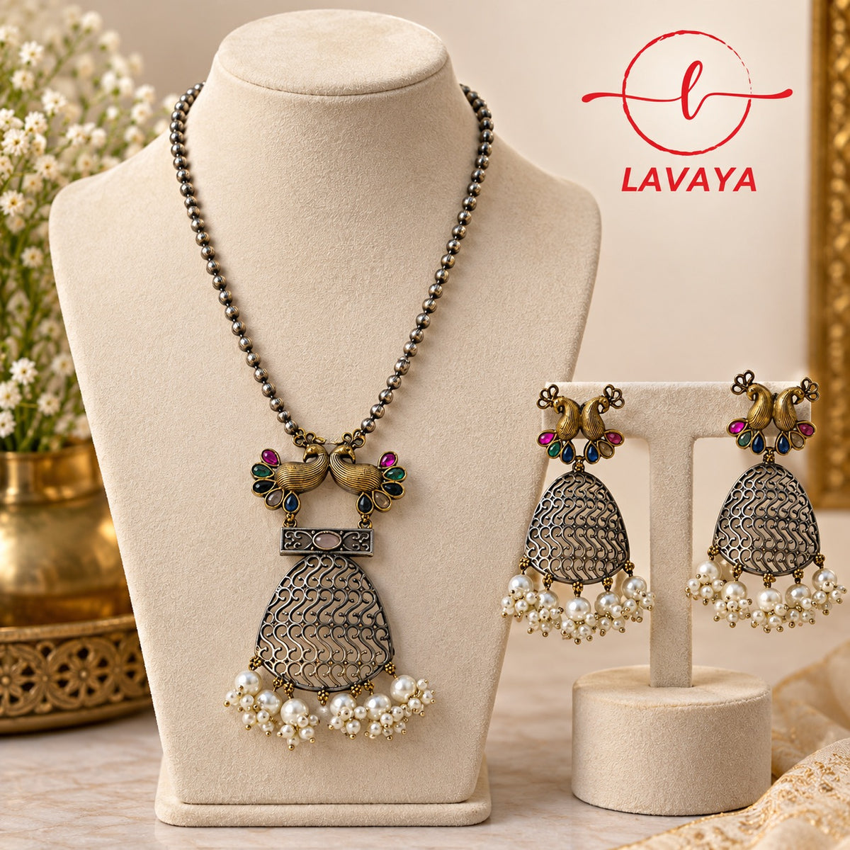 Dual-Tone Peacock Motif Filigree Bell Pendant Necklace Set with Multicolor Stones & Pearl Bunches
