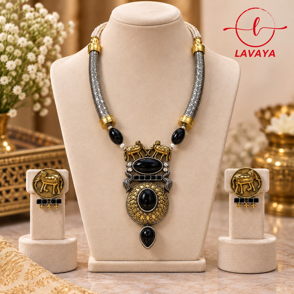 LAVAYA Dual-Tone Tribal Hasli Necklace Set with Black Onyx Stones & Elephant Stud Earrings