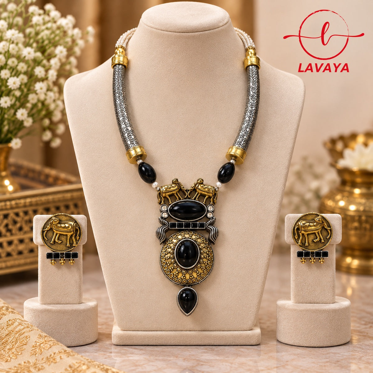 LAVAYA Dual-Tone Tribal Hasli Necklace Set with Black Onyx Stones & Elephant Stud Earrings