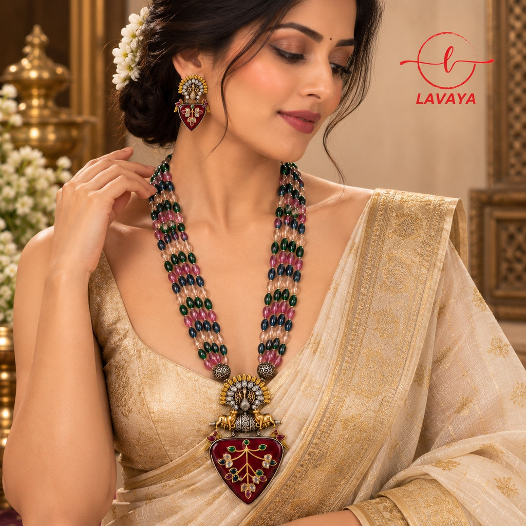 LAVAYA Dual-Tone Temple Haram Necklace with Multicolor Crystal Beads & Maroon Heart Pendant Set