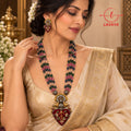 LAVAYA Dual-Tone Temple Haram Necklace with Multicolor Crystal Beads & Maroon Heart Pendant Set