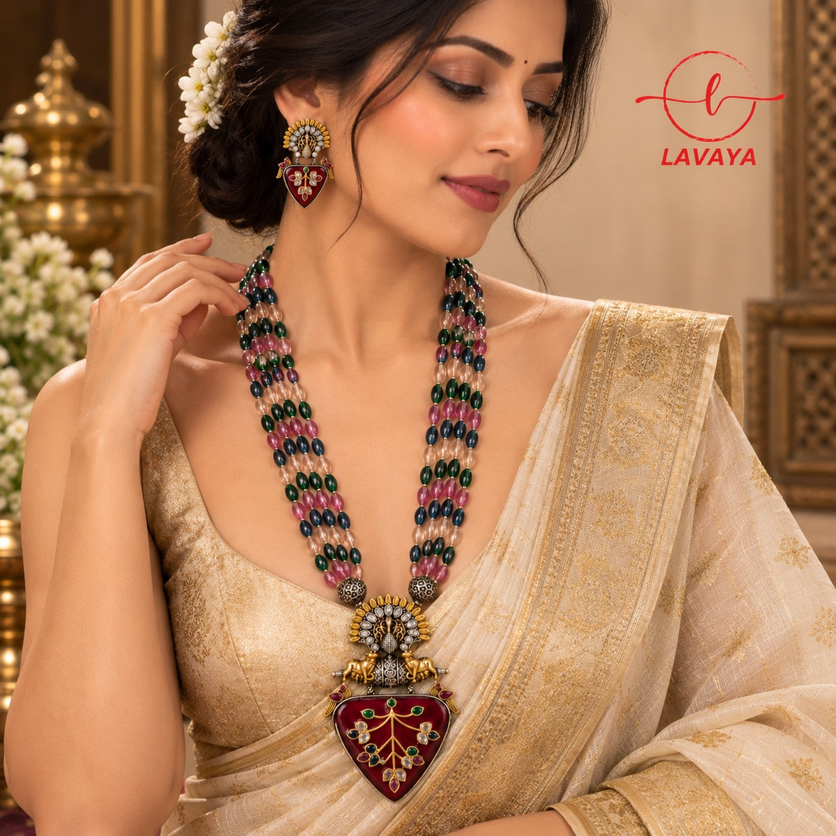 LAVAYA Dual-Tone Temple Haram Necklace with Multicolor Crystal Beads & Maroon Heart Pendant Set